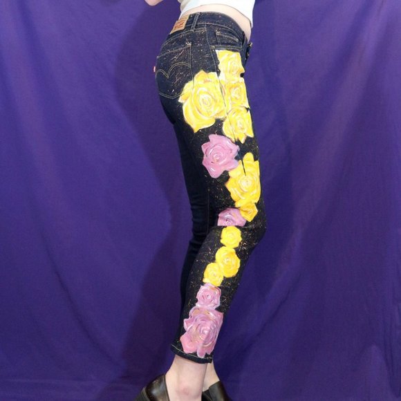 Yellow and Pink Rose Painted Dark Wash Skinny Levi - Picture 3 of 4